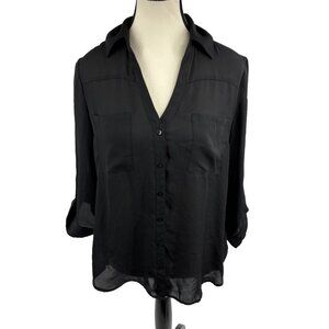 BCX Womens Sheer Button Front Blouse Black Roll Tab Sleeve Career Medium